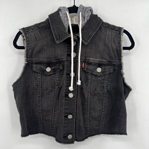 Levi's Cropped Hooded Denim Vest Jean Short Sleeve Drawstring Black Gray Medium
